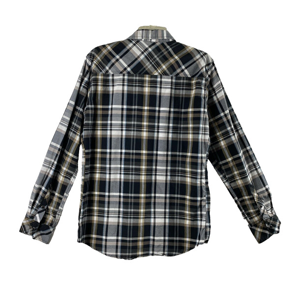Reclaim‎ Shirt Mens Medium Black Brown Plaid Snap Up Pockets Western Long Sleeve - Picture 2 of 10
